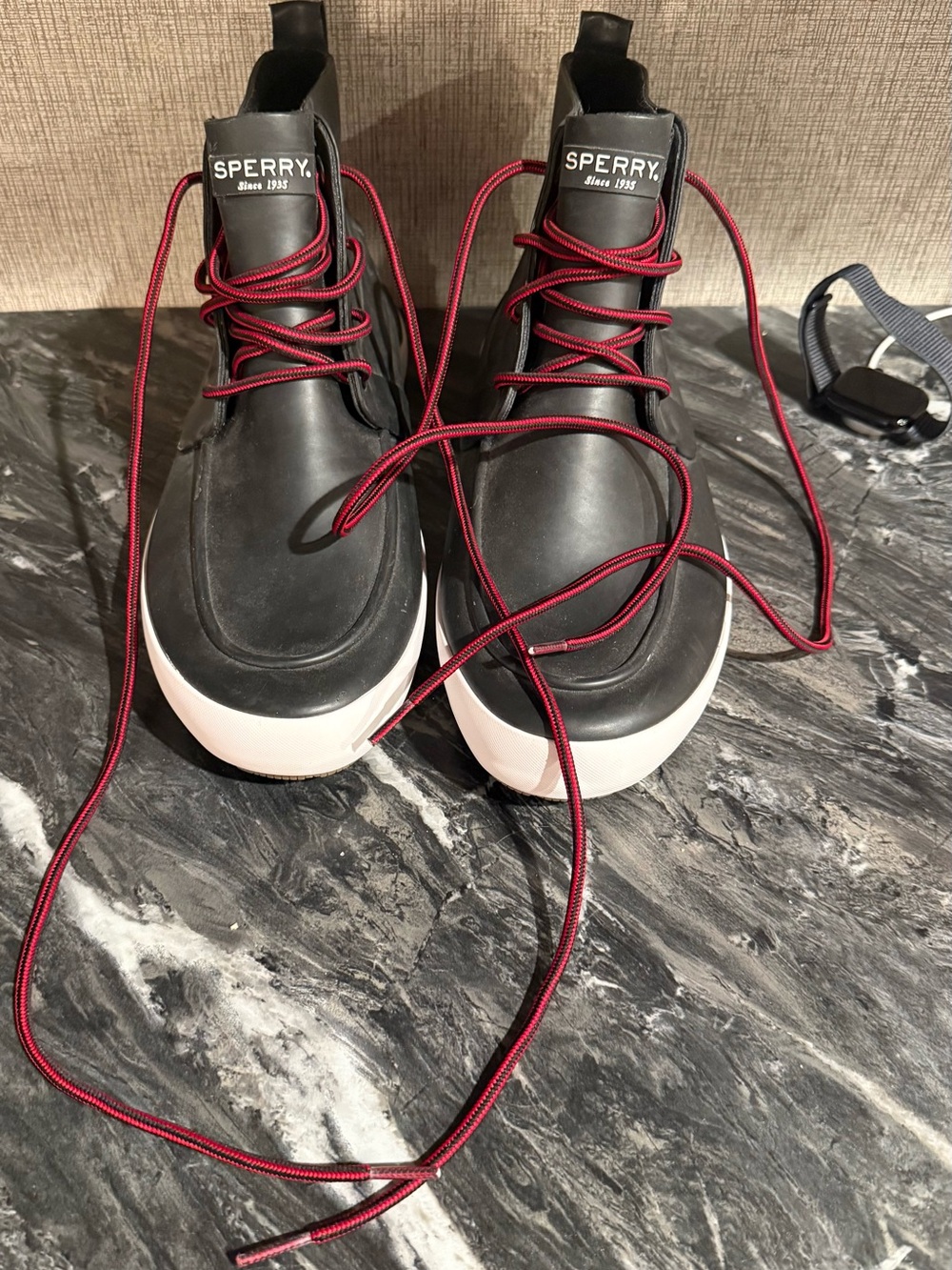 Sperry Black Waterproof Rain Boots with Red Laces